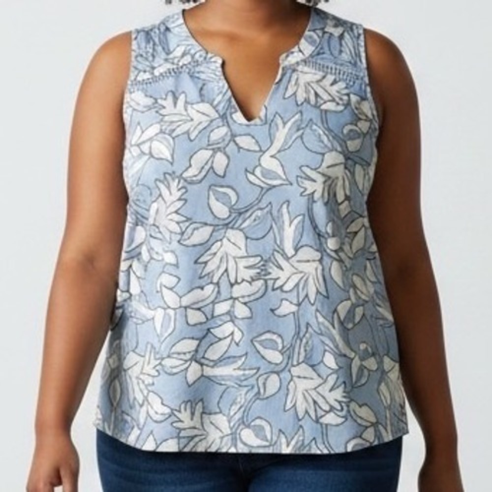 Montgomery Post Womens Plus 1X Blue Floral Sleeveless Blouse‎ boho coastal